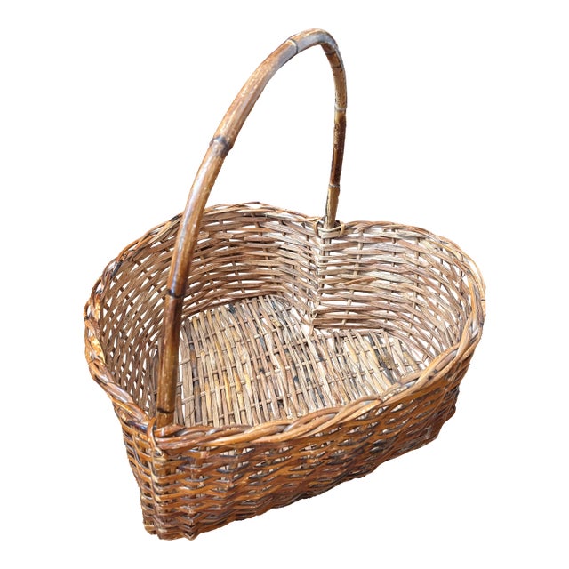 Large Antique Heart-Shaped Bamboo Basket With Handle For Sale