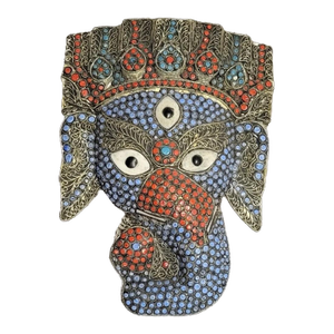 Vintage Blue and Red Elephant Nepalese Ganesh Wall Mask With Silver Filigree
