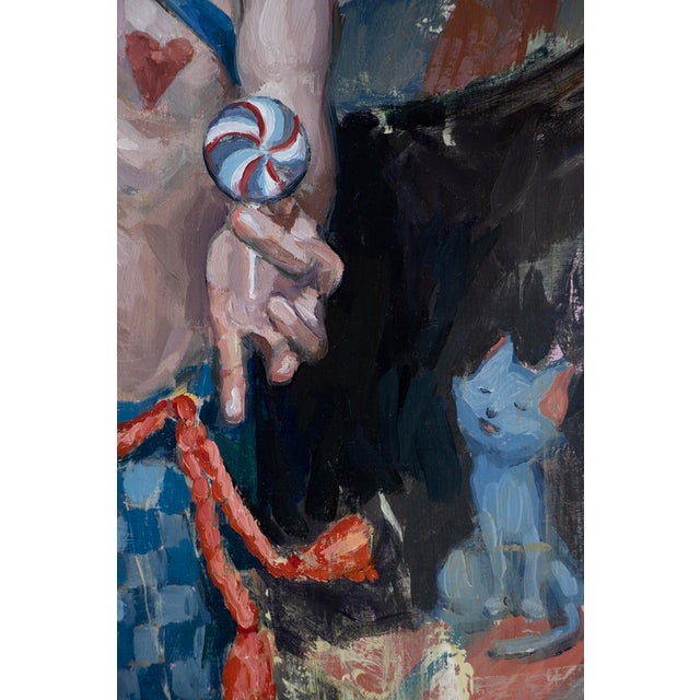 Contemporary Sweetman by Nadezda | Oil on panel Male figure in sunglasses juggling lollipops with a playful background. For Sale - Image 3 of 5