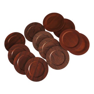 Vintage Danish Plywood Rosewood and Teak Plates from Morsbak, 1960s, Set of 12 For Sale