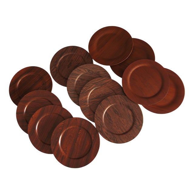 Vintage Danish Plywood Rosewood and Teak Plates from Morsbak, 1960s, Set of 12 For Sale