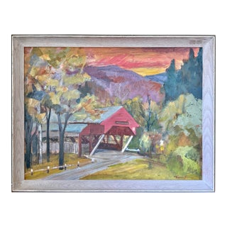 Theresa Berney (1904-2001) Midcentury New England Landscape Expressionist Oil Painting With Covered Bridge For Sale