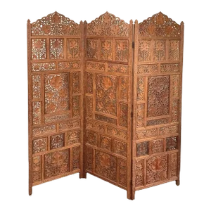 Vintage Carved Thai Three Panel Teak Room Divider Folding Screen