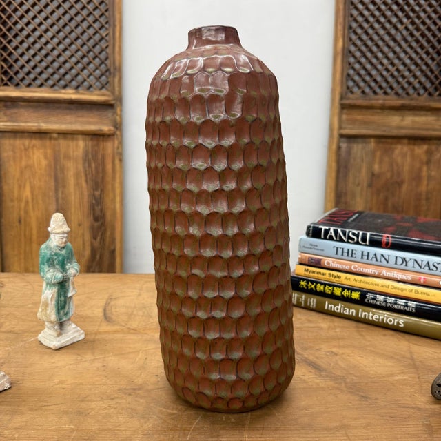 Ceramic Textured Ceramic Vase in Orange-Brown & Moss Green Finish For Sale - Image 7 of 11