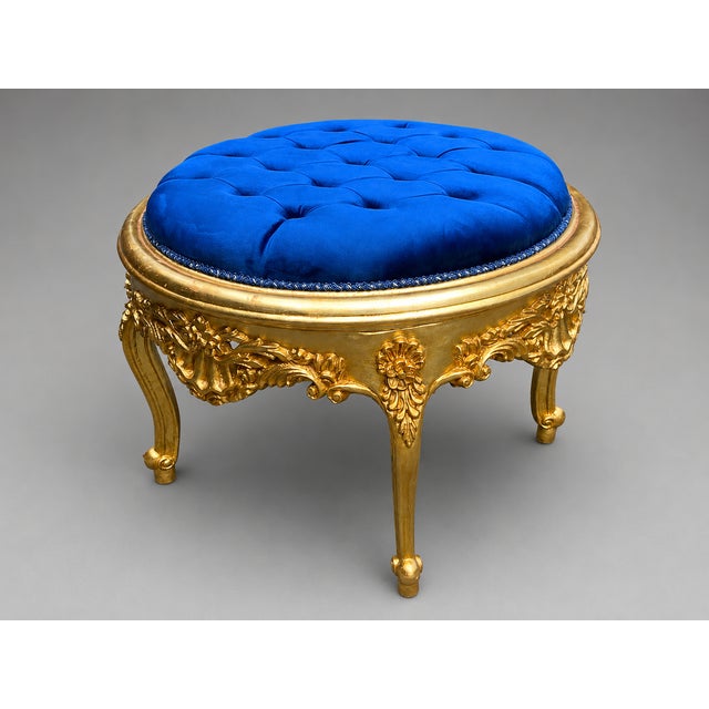 1980s Italian Rococo Gold Beech Blue Velvet Bench - 1 Pc For Sale - Image 11 of 12