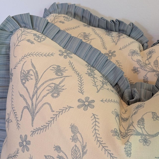 Soane Britain Lucknawi Flower Lumbar Pillows With Blue Pleated Ruffle - Pair For Sale In Greensboro - Image 6 of 12