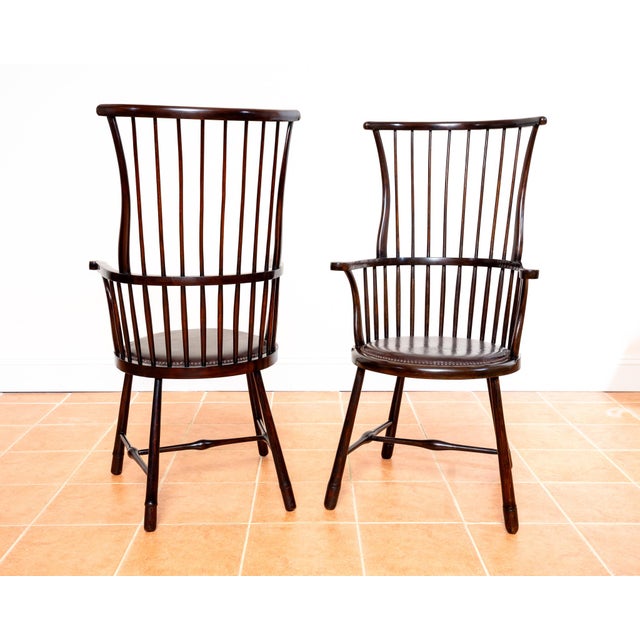 Antique Arts and Crafts Beech and Leather Liberty Windsor Chairs, 1900s, Set of 2 For Sale - Image 3 of 18