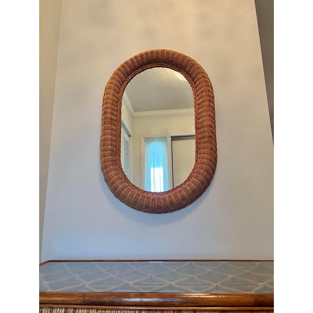 1970s 1970s Mid Century French Style Oval Rattan Mirror For Sale - Image 5 of 5