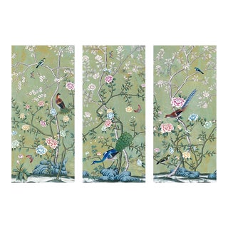 Vintage Chinoiserie Floral Birds Garden Green Wallpaper Panel Wall Art, Wall Decor - Set of 3 For Sale