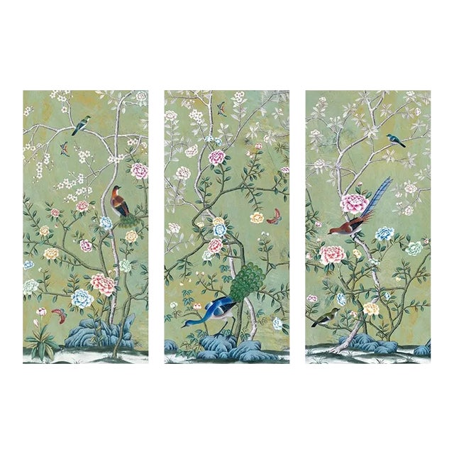 Vintage Chinoiserie Floral Birds Garden Green Wallpaper Panel Wall Art, Wall Decor - Set of 3 For Sale