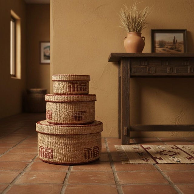 Mid 20th Century Vintage Woven Nesting Basket Set 3-Lidded Storage Boxes-Boho-Tribal-Southwest For Sale - Image 5 of 10