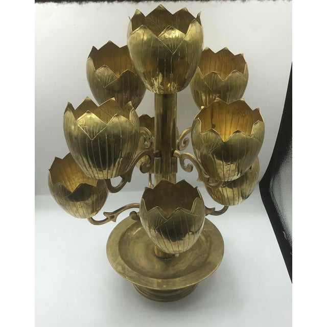 Mid-Century Modern Vintage MCM Brass 9 Lotus Flower Candelabra For Sale - Image 3 of 10