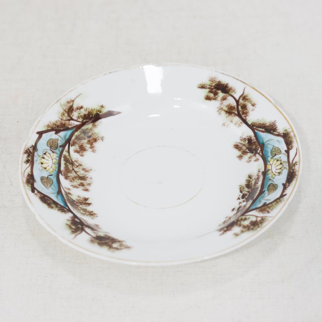 White Vintage Hand-Painted Porcelain Saucer – Asian Landscape & Lotus Design For Sale - Image 8 of 9