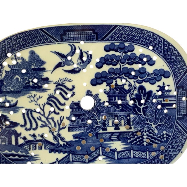 Antique 19th C Staffordshire Blue Willow Meat Drainer Platter Insert Made in Staffordshire, England c. 1830-1850. Approx....
