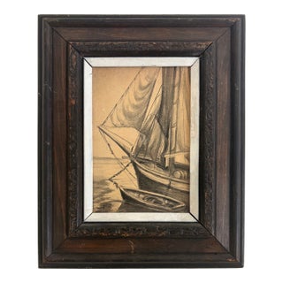 Folk Art Charcoal and Pencil Drawing of S Sailing Ship and Dinghy, Signed by Artist For Sale