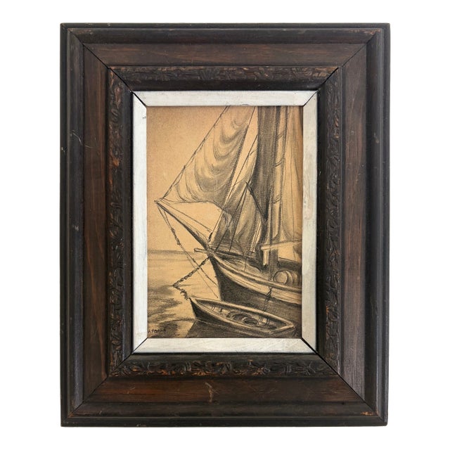 Folk Art Charcoal and Pencil Drawing of S Sailing Ship and Dinghy, Signed by Artist For Sale