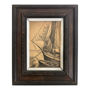 Folk Art Charcoal and Pencil Drawing of S Sailing Ship and Dinghy, Signed by Artist