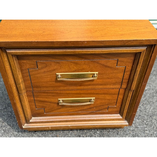 Vintage 1960s Two-Drawer Walnut Wood Nightstand by Dixie Furniture Company. Drawers are deep at 7.75"H. Marked in the...
