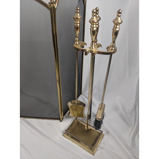 Vintage Brass Fireplace Ensemble With Folding Screen, Andirons & Fire Tools For Sale - Image 15 of 18