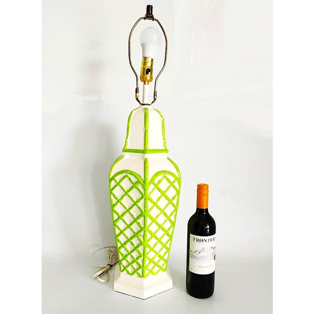 Metal 1960s Palm Beach Regency Style Bamboo/Trellis Glazed Ceramic Lamp For Sale - Image 7 of 10