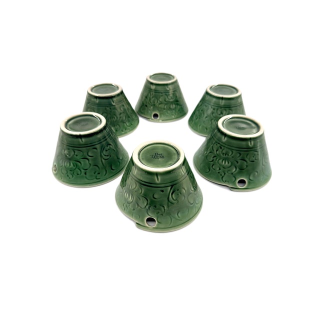 Ceramic Asian Modern Bat Trang Vietnamese Ramen/Pho/ Rice Bowls With Hand Painted Dragonflies Celadon Carved Accents and Chopstick Rests - Set of 6 For Sale - Image 7 of 9