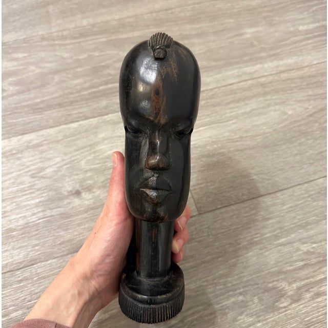 1960s Hand‑Carved Ebony Wood Bust on Ribbed Pedestal Base For Sale - Image 11 of 11