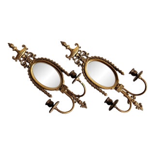 Antique Neoclassical Brass Mirrored Double-Arm Wall Sconces - A Pair For Sale