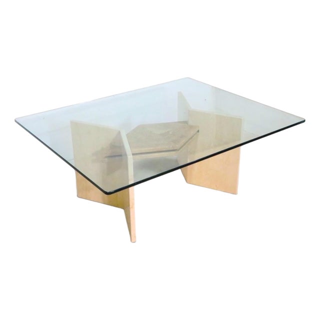 Modernist 1970/80's Italian Marble Base Glass Top Coffee Table For Sale