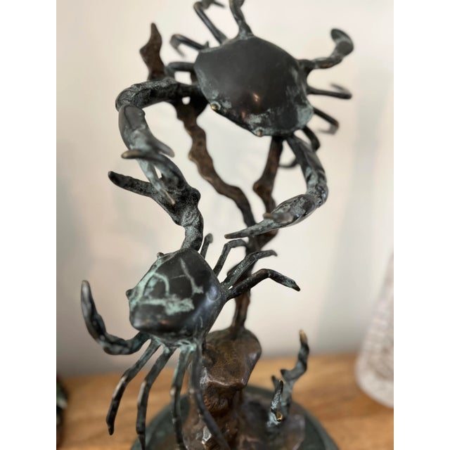 Metal Fighting Bluepoint Crab Brass Sculpture on Green Marble Base For Sale - Image 7 of 11