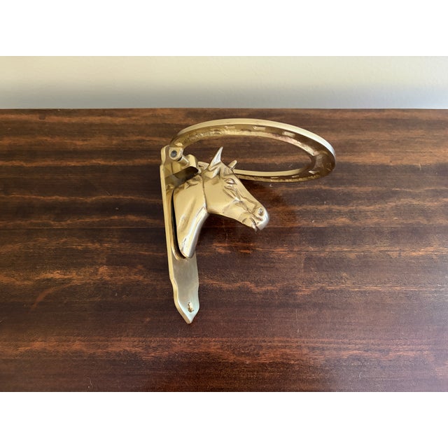 Vintage Equestrian Cast Brass Horse Head Horseshoe Door Knocker For Sale - Image 9 of 11