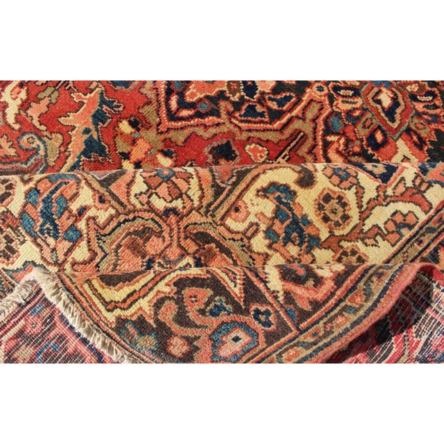 Vintage Heriz With Large Medallion in Soft Red, Navy Blue, Light Blue and Cream Colors For Sale - Image 11 of 13