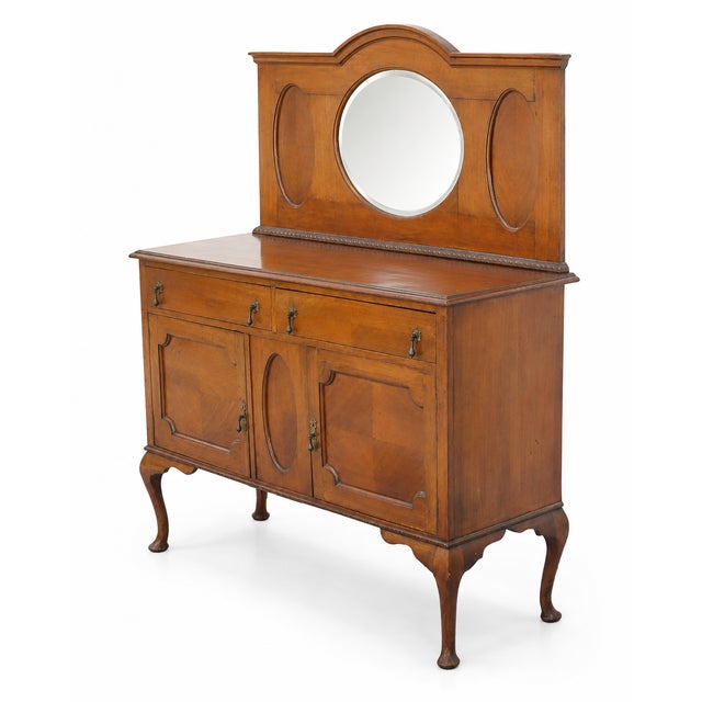American 1940s Antique Honey-Brown Wood Buffet With Oval Mirror and Cabriole Legs For Sale - Image 3 of 10