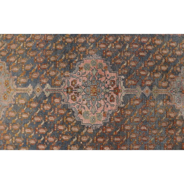 Cornflower Blue Antique Persian Gallery Malayer Rug With Geometric Design in Gray-Blue and Pink For Sale - Image 8 of 12