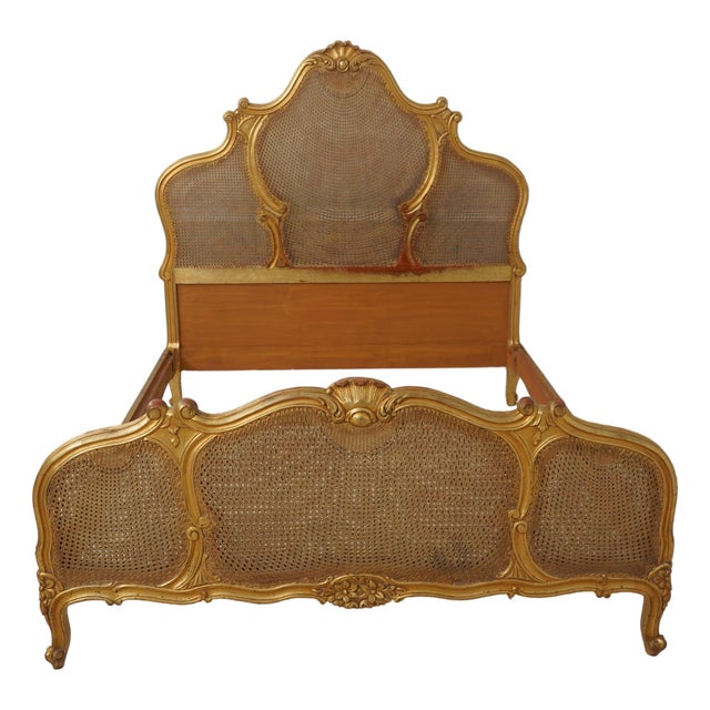 Antique Gold Gilt Queen Size Cane Back Bed For Sale