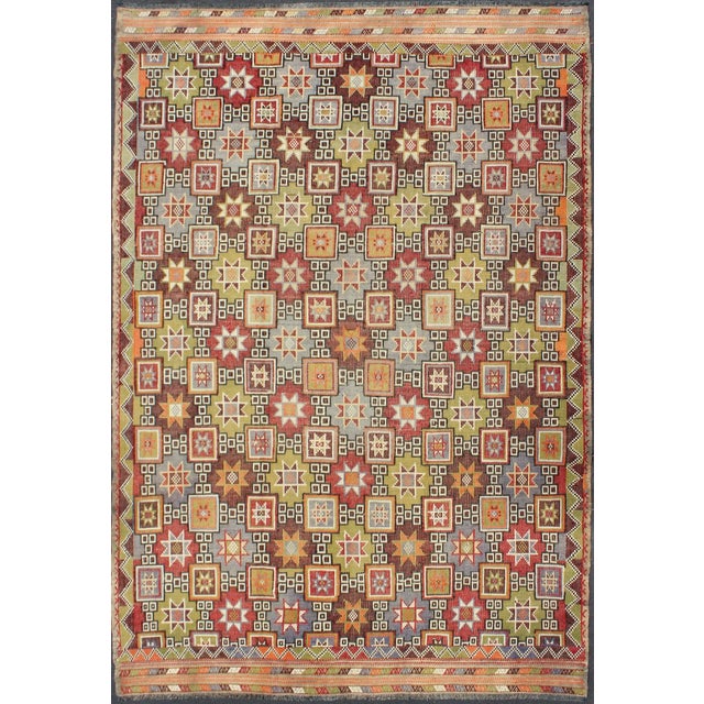 Mid 20th Century Colorful Vintage Kilim Embroidered Jajeem With Star Design in Green, Blue & Red For Sale - Image 12 of 12