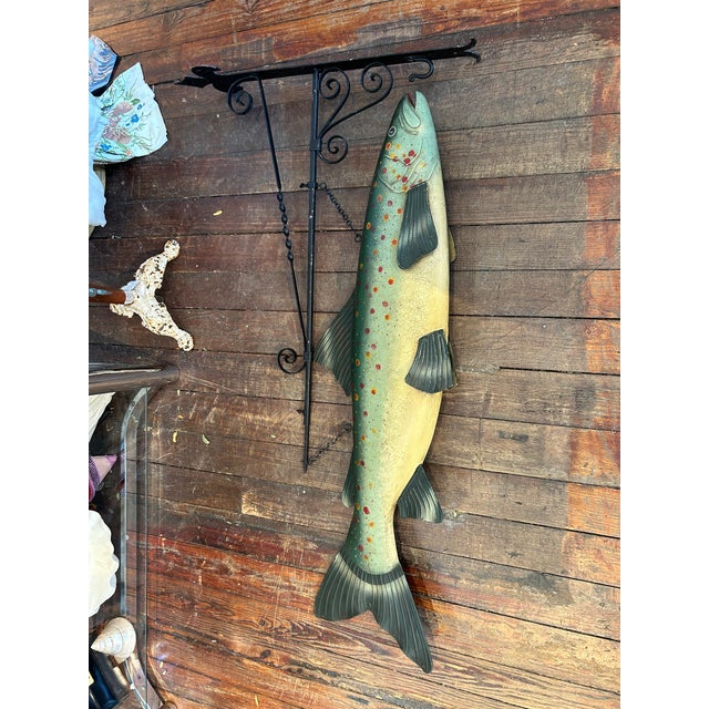 Metal Large Vintage Painted Folk Art Fish Trade Sign For Sale - Image 7 of 16