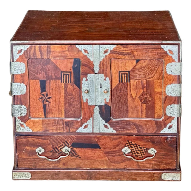 Antique Japanese Yosegi-Zaiku Inlaid Parquetry Tansu Cabinet With Brass Fittings For Sale