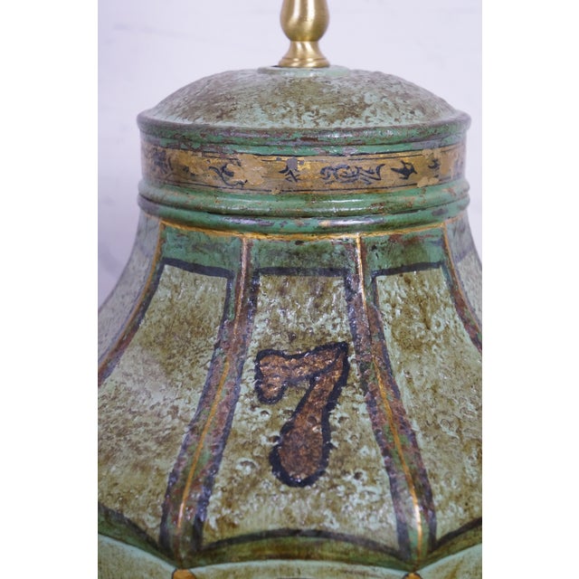 Late 20th Century Chinese Chinoiserie Green Gilt Toleware Tea Canister Caddy Banquet Lamps - a Pair For Sale - Image 10 of 18