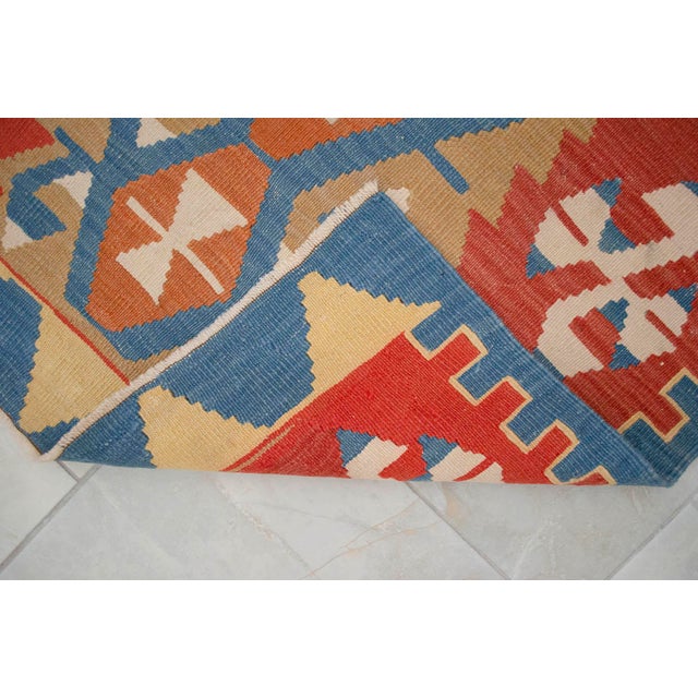 Flat Weave Kilim Rug, Vintage Oushak Rug Village Wool, Red Gold Blue Geometric, 3x4 Ft Approx For Sale - Image 11 of 16