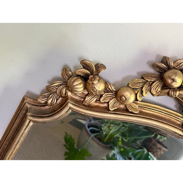 Mid 20th Century Gold Giltwood Style Beveled Glass Mirror With Pomegranate Fruit Basket Top For Sale - Image 5 of 9