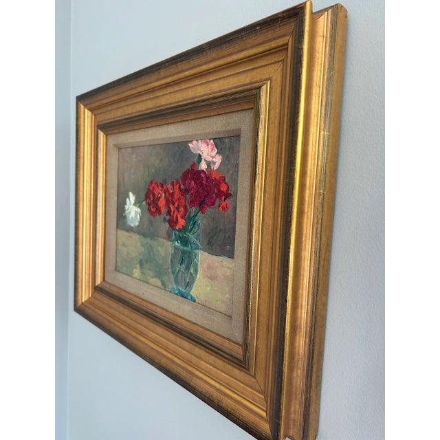 Vintage Signed Original Oil on Board Still Life Red, Pink & White Carnations in Blue Glass Vase For Sale - Image 4 of 15