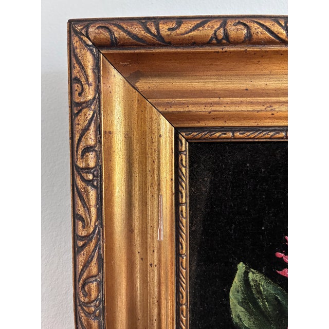 Vintage Original Velvet Flower Oil Painting, Red Flower Still Life Art For Sale - Image 9 of 12