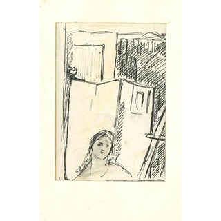 Herta Hausmann, Figure in an Interior, Mid-20th Century, Pen on Paper For Sale