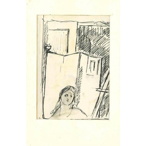 Herta Hausmann, Figure in an Interior, Mid-20th Century, Pen on Paper For Sale