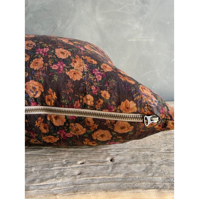 Not Yet Made - Made To Order Brown Floral Linen Pillow With Brass Zipper and Down Feather Insert For Sale - Image 5 of 7