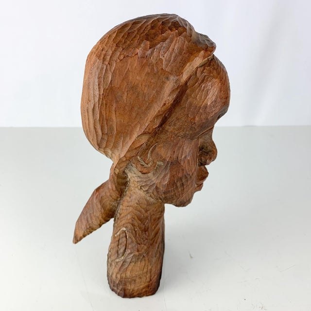 Beautiful Vintage Hand Carved Wooden African Woman Girl With Ponytail Bust Head For Sale - Image 9 of 11