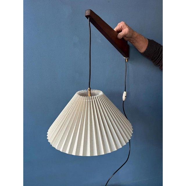 Mid-Century Teak Fishing Rod Wall Lamp with Pleated Shade For Sale - Image 6 of 11