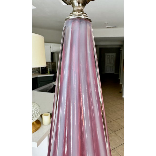 Wood Large Raspberry Lavender Opaline Murano Glass Ribbed Table Lamp by Barovier For Sale - Image 7 of 16