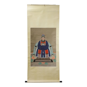 Vintage Chinese Imperial Consort Ancestor Portrait Scroll Painting on Silk in Blue Robe
