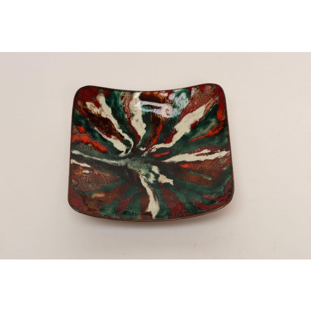 Mid-Century Modern enamel on copper decorative square dish circa 1950s, USA. This example, in vibrant red, green, white,...